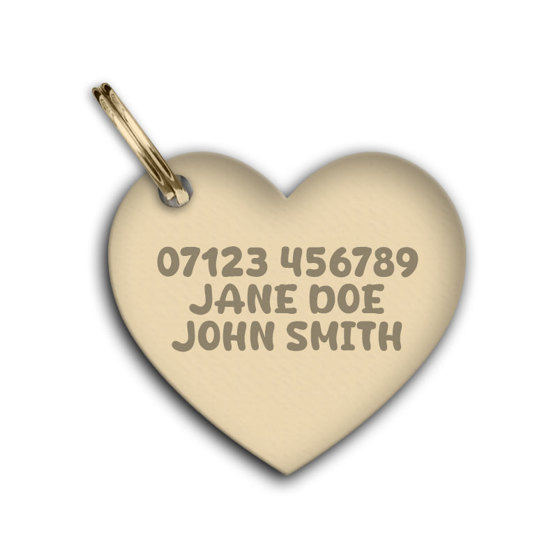 Personalised Pet Tag Brass Heart Shape Identifier and Contact